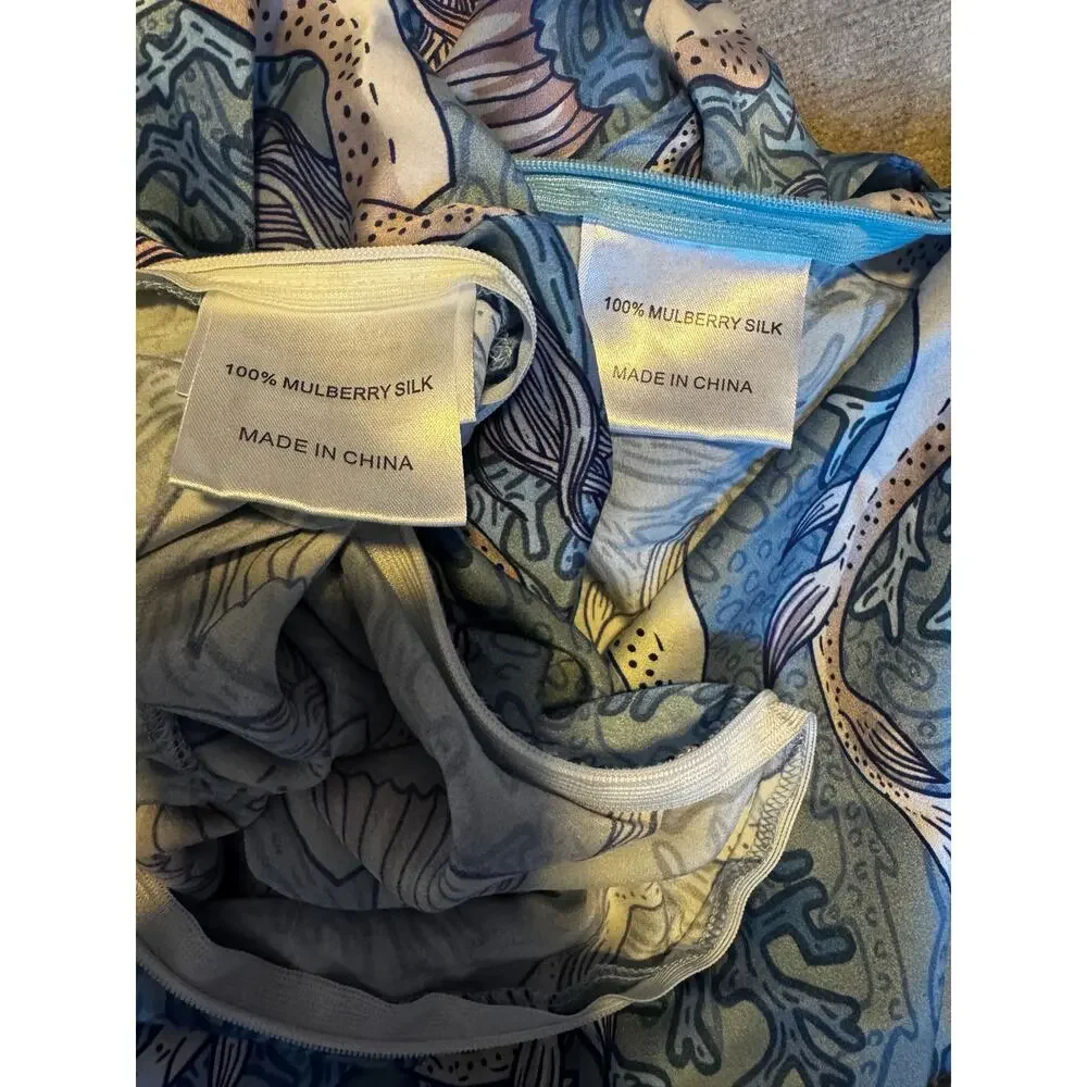 Mulberry Silk Pillowcase Set Blue Mermaid Coral Print | Standard + Queen